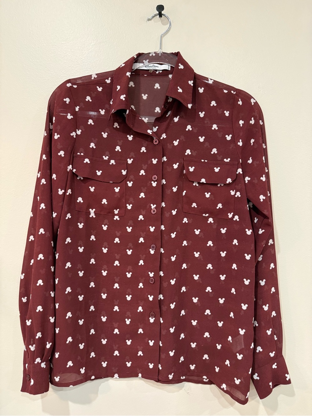 Disney Parks Mickey Mouse Maroon Sheer Button Down Shirt Size S
